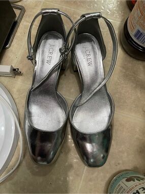 J. Crew Metallic Silver Slingback Block Heels
